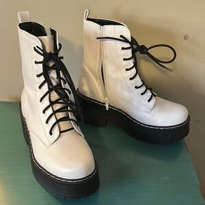 White and Black Combat Moto Boots with Chunky Sole